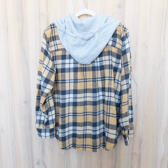 Y2K American Eagle Womens Hooded Flannel Shirt Sz M Yellow Plaid Grunge Gorpcore - Picture 6 of 7